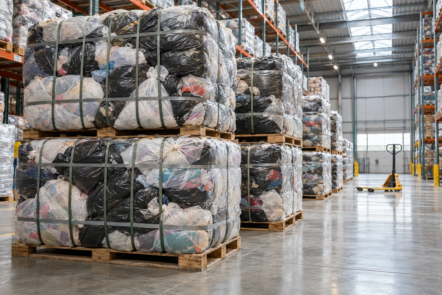 Illustrative view of large credential clothing bales containing original bags in a clean warehouse