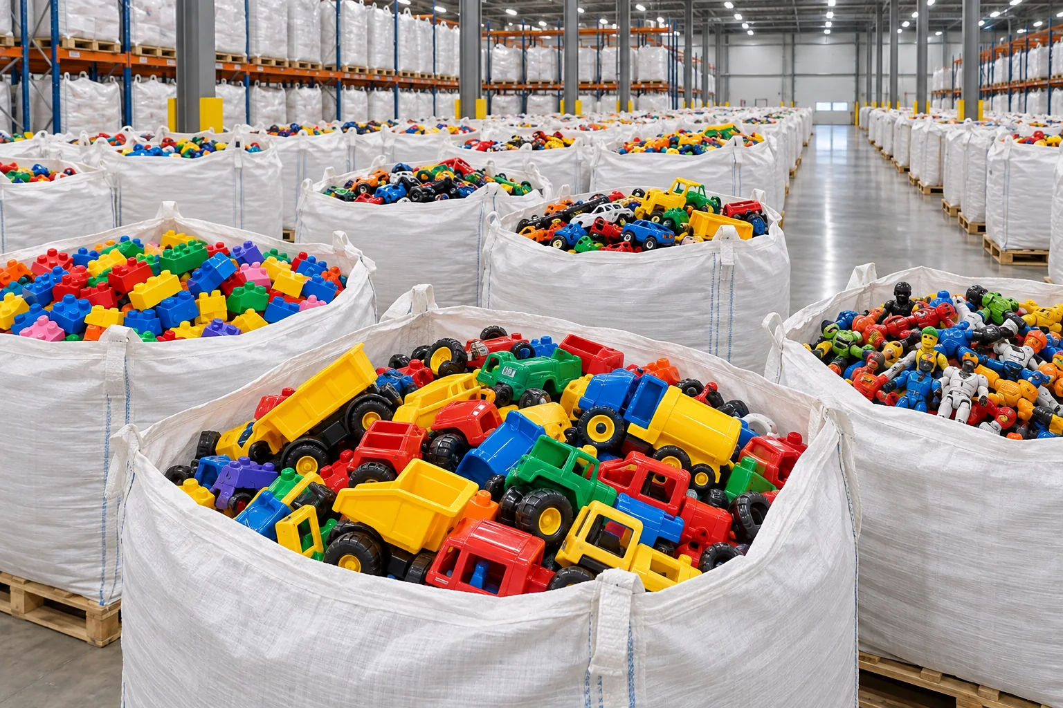Illustration of used hard toys in white cap sacks inside a clean warehouse