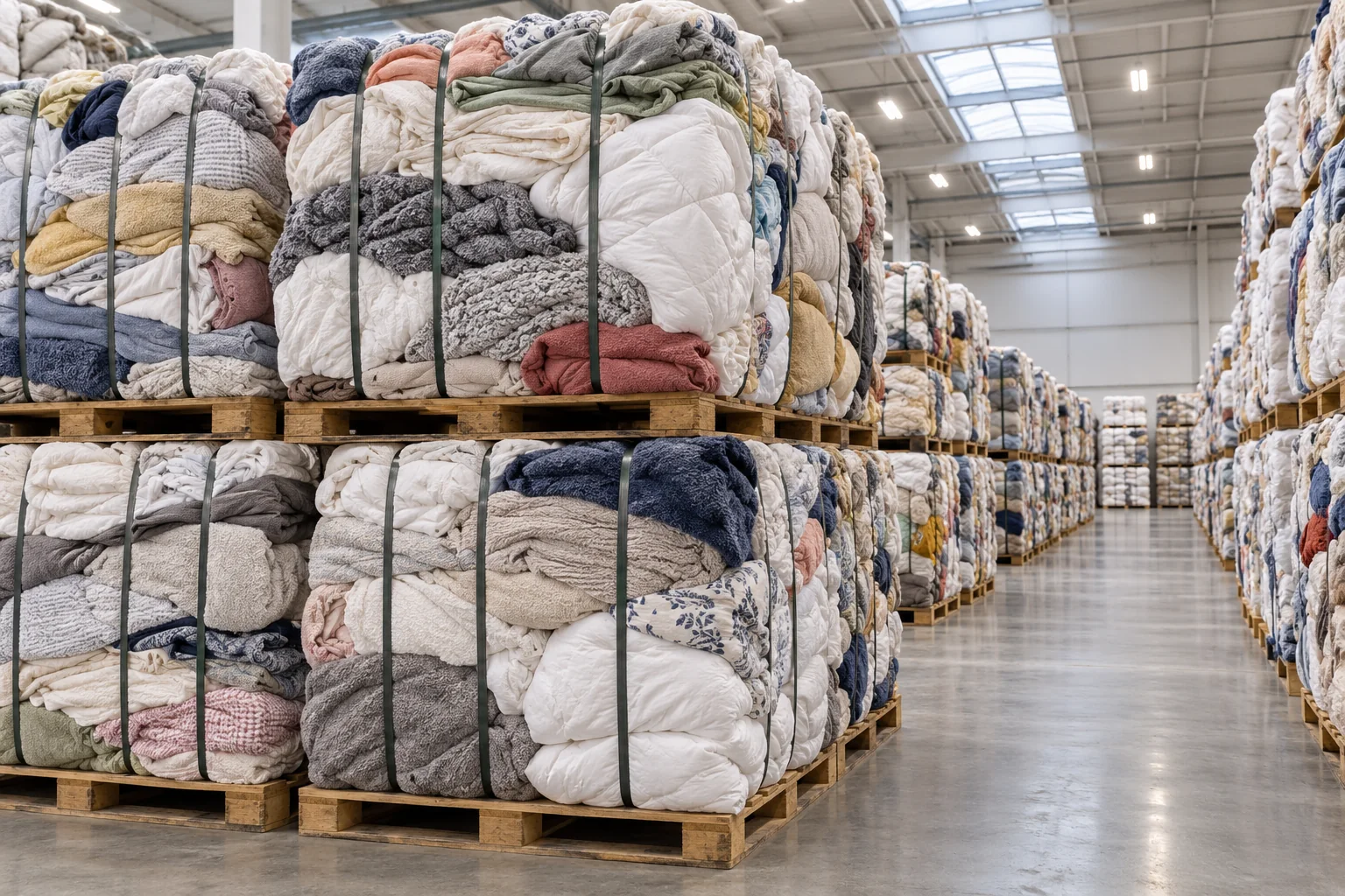 Illustration of used linens in stacked bales inside a clean warehouse
