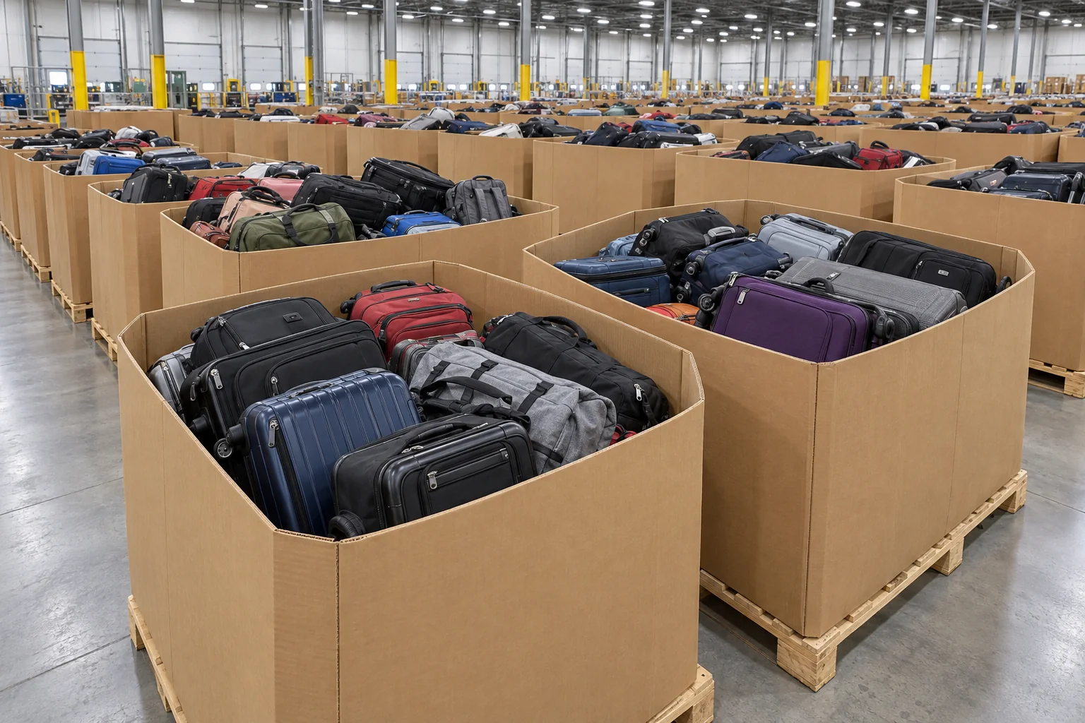 Illustration of used luggage inside gaylord bins neatly lined up in a clean warehouse