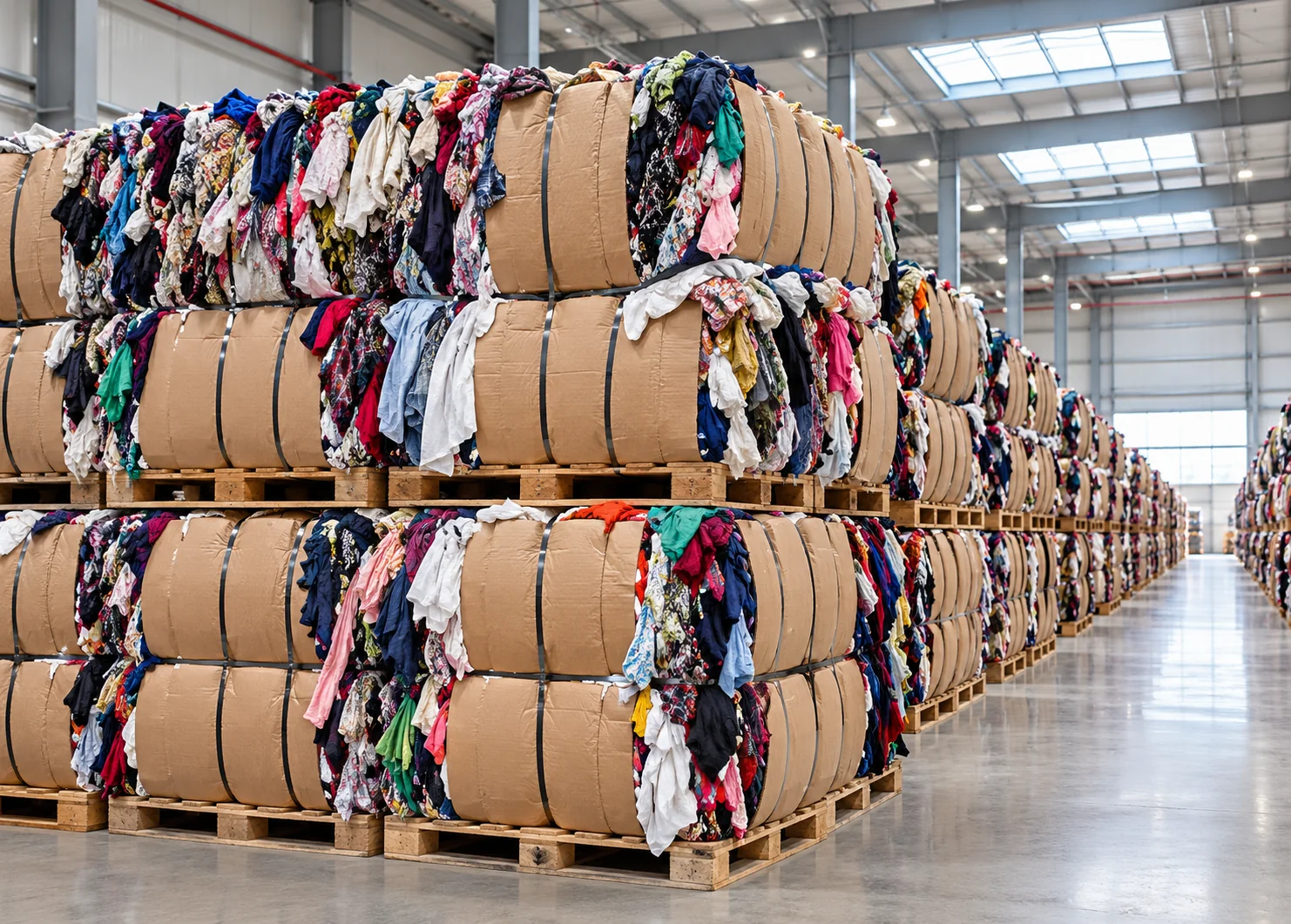 Illustration of neatly stacked mixed clothing rags in cardboard-bound bales inside a clean warehouse