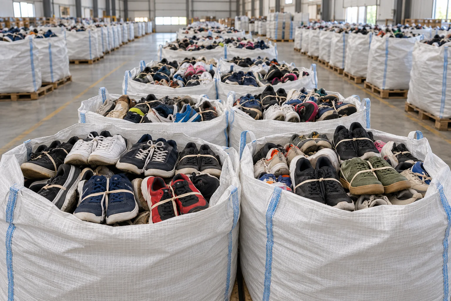 Illustrative view of paired used shoes in white cap sacks in a clean warehouse