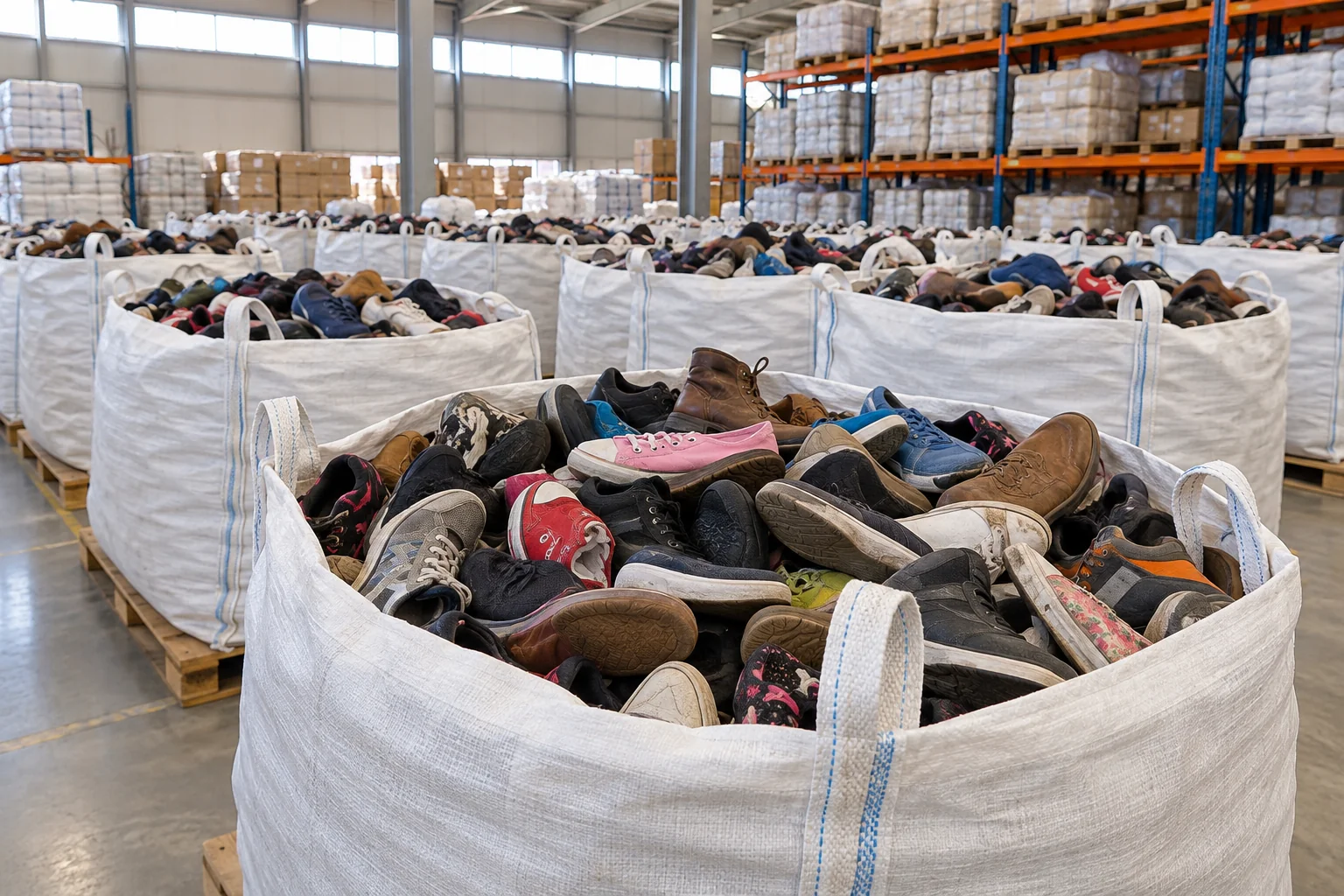 Illustrative view of individual used shoes in white cap sacks in a clean warehouse